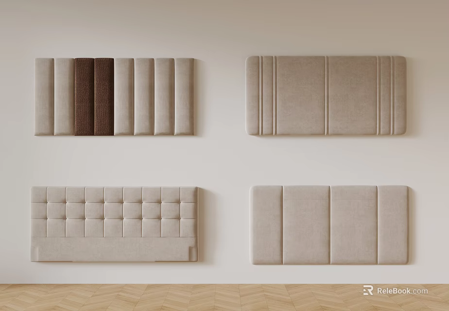 Four Upholstered Headboard Styles With Tufted Padded Details And Neutral Tones 3d model 