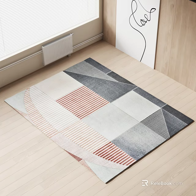 Modern Square Area Rug Featuring Geometric Pattern Gray Beige And Red Stripes On Wooden Floor 3d model 