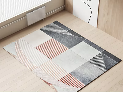 Modern Square Area Rug Featuring Geometric Pattern Gray Beige And Red Stripes On Wooden Floor 3d model