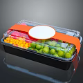 Display Shelf Showcasing Colorful Fruit Vegetable Plastic Containers With Transparent Lids And Orange Straps