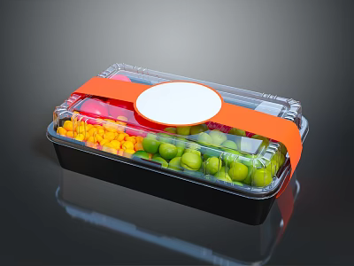 Display Shelf Showcasing Colorful Fruit Vegetable Plastic Containers With Transparent Lids And Orange Straps 3d model