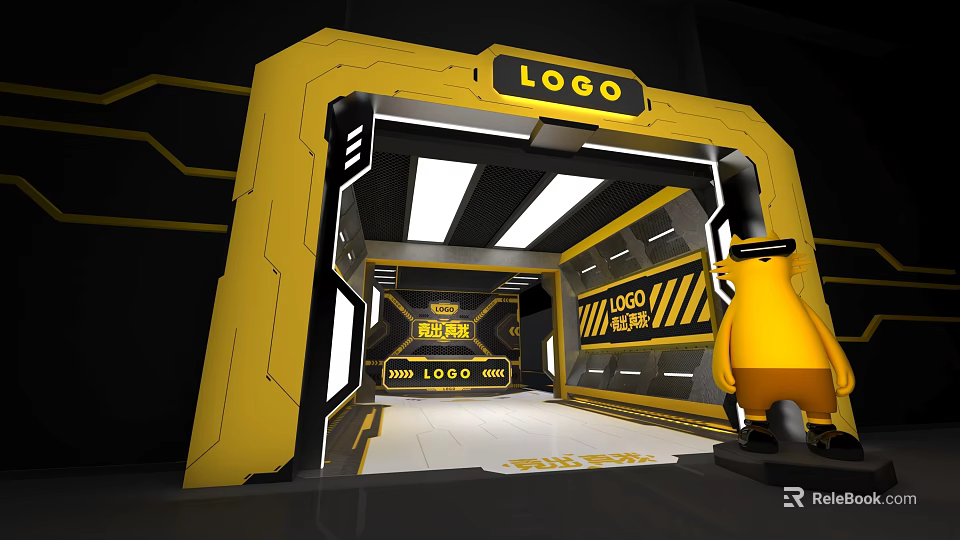 Store Front Desk In Yellow Black Design With Tunnel Floor LOGO Text And Cartoon Character 3d model 