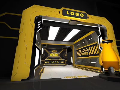 Store Front Desk In Yellow Black Design With Tunnel Floor LOGO Text And Cartoon Character 3d model
