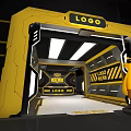 Store Front Desk In Yellow Black Design With Tunnel Floor LOGO Text And Cartoon Character
