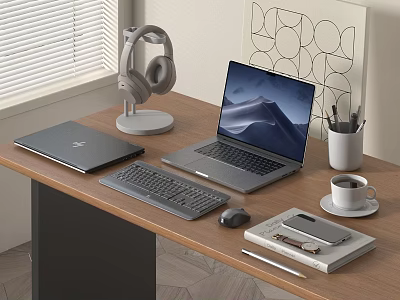 Modern Laptop Desktop Setup With Tablet Keyboard Mouse Headphones And Coffee Cup 3d model