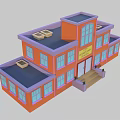 Cartoon Elementary School Building With Orange Purple Walls Blue Windows Dark Blue Roof Front Steps
