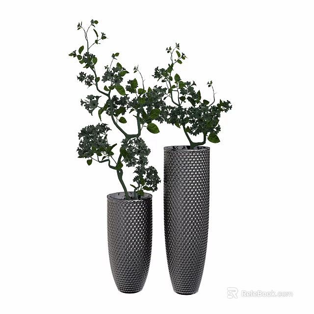 Modern Gray Diamond Patterned Vases with Green Leafy Branches and Plants 3d model 