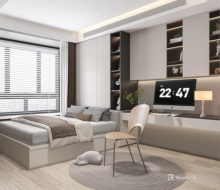 Tatami Bedroom Interior Design With Tatami Bed Desk Chair And Window Blinds 3d model 