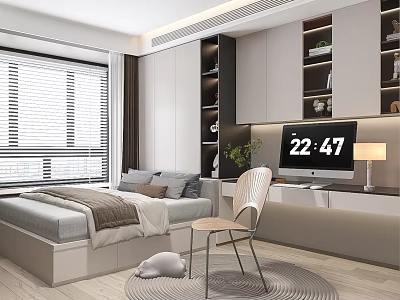 Tatami Bedroom Interior Design With Tatami Bed Desk Chair And Window Blinds 3d model