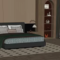 Modern Double Bed With Black Leather Headboard Pillows Green Striped Blanket And Nightstand Lamp