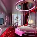 Modern Hotel Room Interior With Red Heart-shaped Lighting Circular Lamp Bed And Sofa