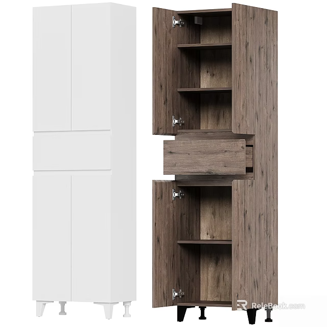 Modern Decorative Cabinet With Wooden Texture Open Shelves And White Panels 3d model 