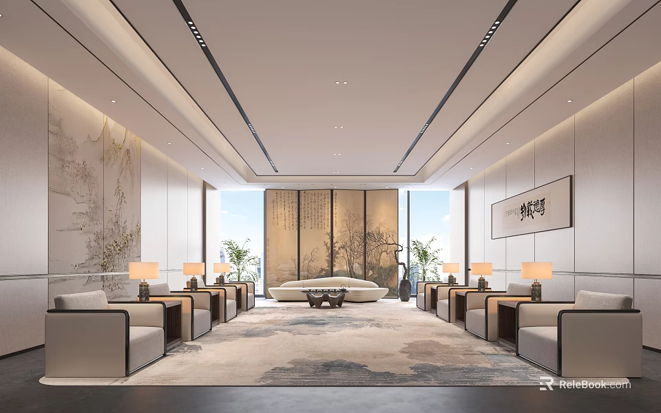 Modern Conference Room Interior With Chinese Landscape Painting Sofas Rug And Elegant Lighting 3d model 