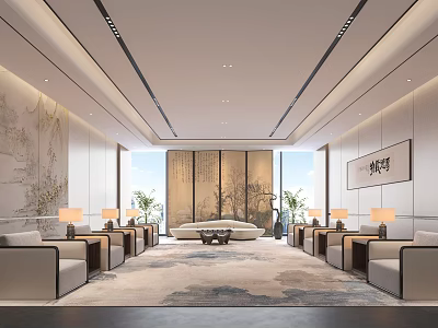 Modern Conference Room Interior With Chinese Landscape Painting Sofas Rug And Elegant Lighting 3d model