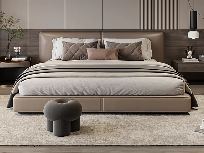 Modern Double Bed With Brown Headboard Gray Pillows Nightstand And Stool On Rug 3d model