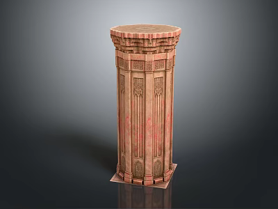 Classical Carved Red Column with Intricate Decorative Patterns and Base Design 3d model