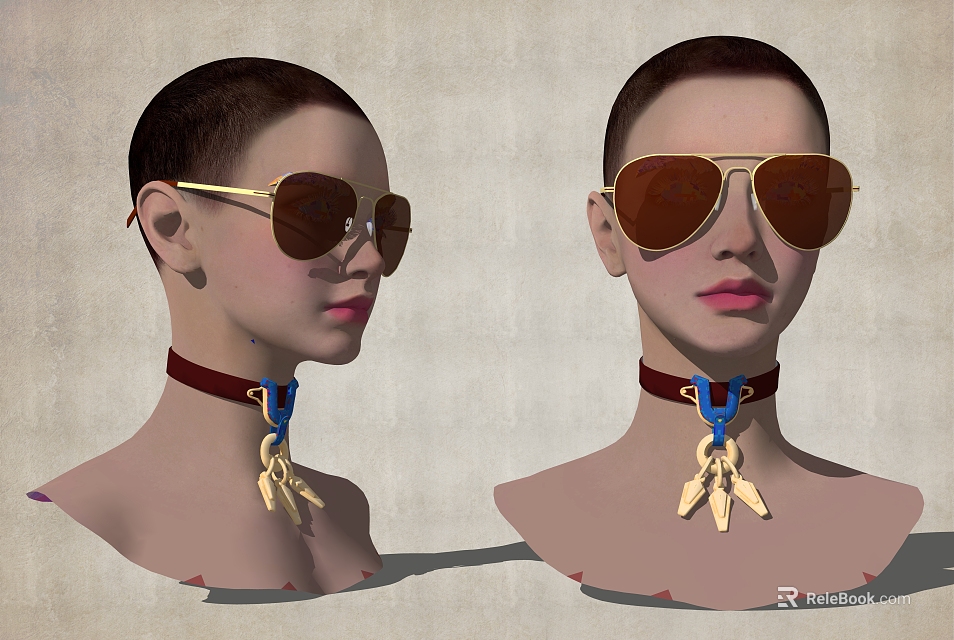 Woman Wearing Aviator Sunglasses With Neck Collar Featuring Blue Detail And Golden Feather Pendant 3d model 
