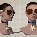 Woman Wearing Aviator Sunglasses With Neck Collar Featuring Blue Detail And Golden Feather Pendant
