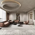 Light Toned Dining Living Room Interior With Round Table Pink Chairs Chandelier Bookshelf And Wall Art