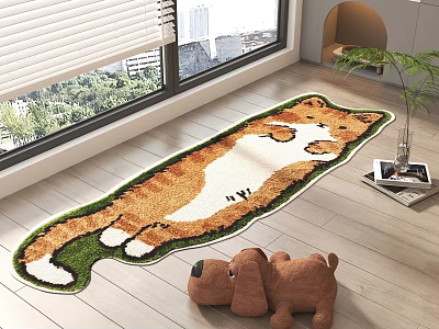 Corgi Shaped Rug In Living Room With Wooden Floor Plush Toy And Potted Plant 3d model