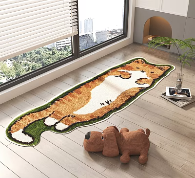 Corgi Shaped Rug In Living Room With Wooden Floor Plush Toy And Potted Plant 3d model