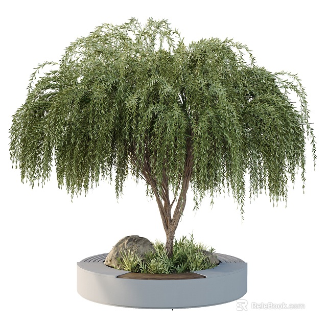 Circular Tree Pit Landscaped With Weeping Willow Tree Stones And Small Plants 3d model 