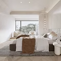 Modern Bedroom Interior With White Bed Brown Blanket And Round Nightstand