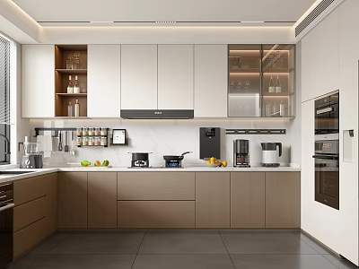 Modern Kitchen Interior Design With White And Wood Cabinets Glass Door Upper Countertop And Appliances 3d model