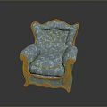 Elegant Vintage Blue Fabric Chair With Floral Pattern And Wooden Armrests