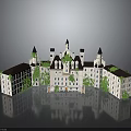 Classic European Castle Architecture With Multiple Towers Dark Roofs Light Walls Green Plants and Reflection