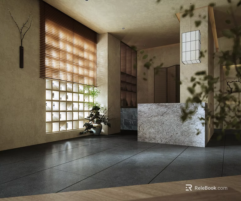 Traditional Japanese Tea House Interior With Lattice Windows Stone Counter And Green Plants 3d model 