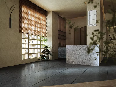 Traditional Japanese Tea House Interior With Lattice Windows Stone Counter And Green Plants 3d model