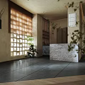 Traditional Japanese Tea House Interior With Lattice Windows Stone Counter And Green Plants