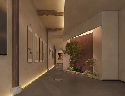 Campus Corridor Interior With Paintings Green Plants Wooden Beams And Soft Lighting 3d model