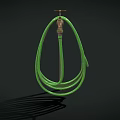 Brass Faucet with Green Coiled Hose on Dark Background and Shadow Detail