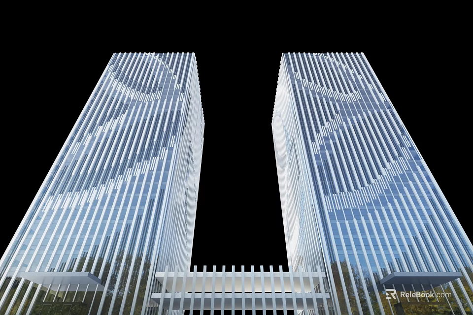 Two Modern High Rise Office Towers With Glass Facade Vertical Stripes And Architectural Design 3d model 