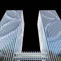 Two Modern High Rise Office Towers With Glass Facade Vertical Stripes And Architectural Design