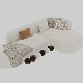 Modern Sectional Sofa With Beige Brown Velvet Fabric Throw Pillows And Ottoman