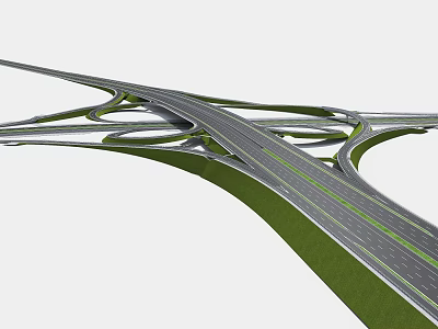Modern Interchange Bridge With Multiple Roads Green Grass Landscaping And Sleek Lane Markings 3d model