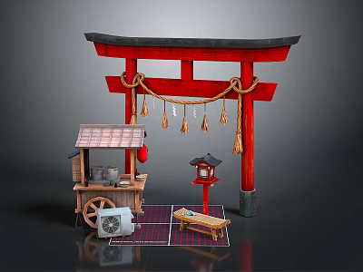 Traditional Japanese Commercial Food Cart With Red Torii Gate Lantern Small Table And Portable Fan 3d model
