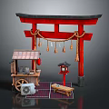 Traditional Japanese Commercial Food Cart With Red Torii Gate Lantern Small Table And Portable Fan