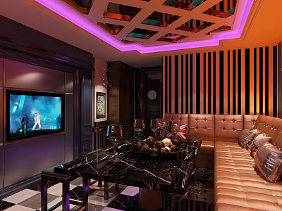 Modern KTV Lounge Interior With Leather Sofa TV And Colorful Ceiling Lighting 3d model