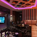 Modern KTV Lounge Interior With Leather Sofa TV And Colorful Ceiling Lighting