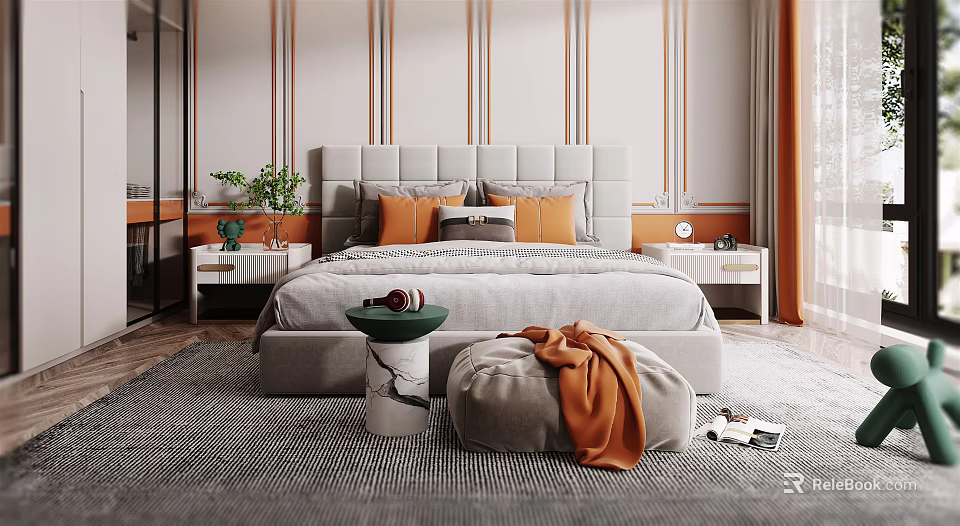 Modern Bedroom Interior Design With Tufted Headboard Orange Pillows Nightstands And Area Rug 3d model 