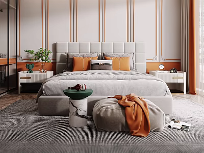 Modern Bedroom Interior Design With Tufted Headboard Orange Pillows Nightstands And Area Rug 3d model