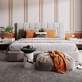 Modern Bedroom Interior Design With Tufted Headboard Orange Pillows Nightstands And Area Rug