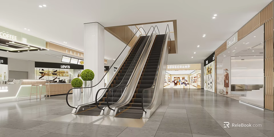Bright Spacious Modern Shopping Mall Lobby With Central Escalators And Surrounding Retail Brand Stores 3d model 