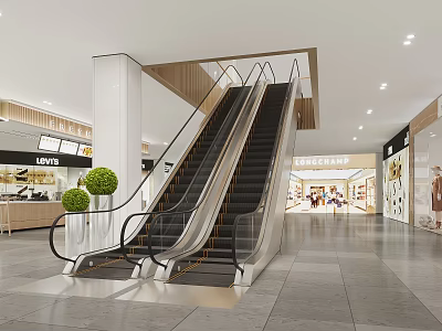 Bright Spacious Modern Shopping Mall Lobby With Central Escalators And Surrounding Retail Brand Stores 3d model