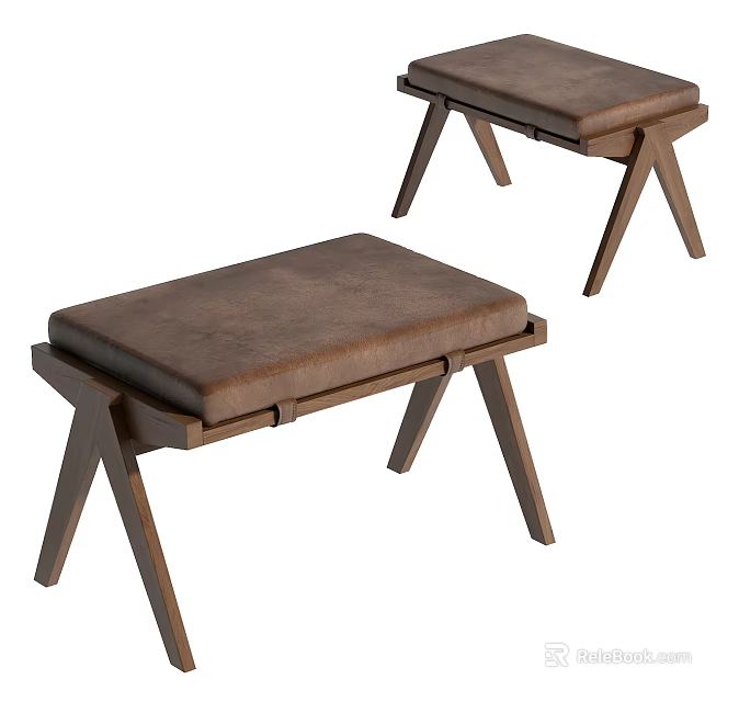 Brown Leather Upholstered Benches With Wooden Frame And Modern Design 3d model 