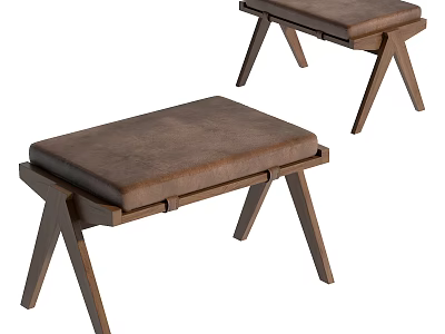 Brown Leather Upholstered Benches With Wooden Frame And Modern Design 3d model